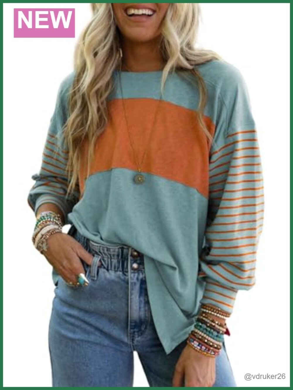 Long Sleeve Color Block Tunic Top Oversized Round Neck Pullover Blouse